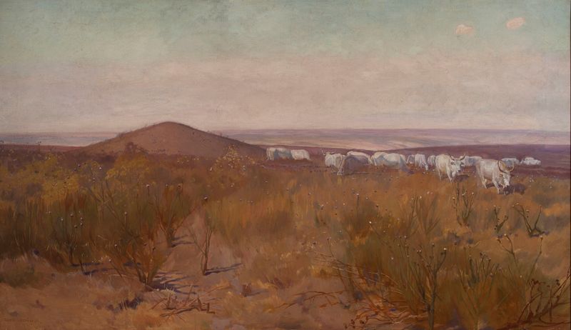 Barrow de Jozef Chelmonski, óleo sobre lienzo que representa un paisaje exuberante con un túmulo solitario.
