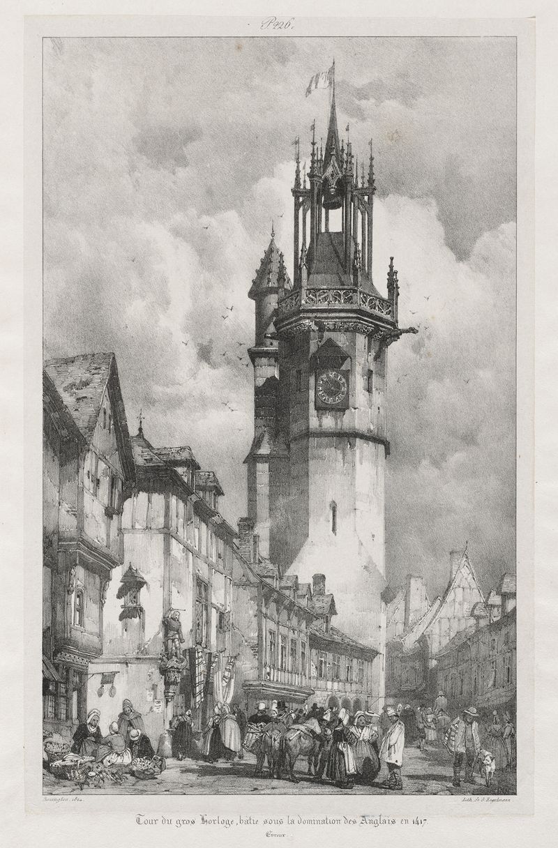 Tour du Gros-Horloge, Evreux de Richard Parkes Bonington, óleo sobre lienzo que representa una torre del reloj.