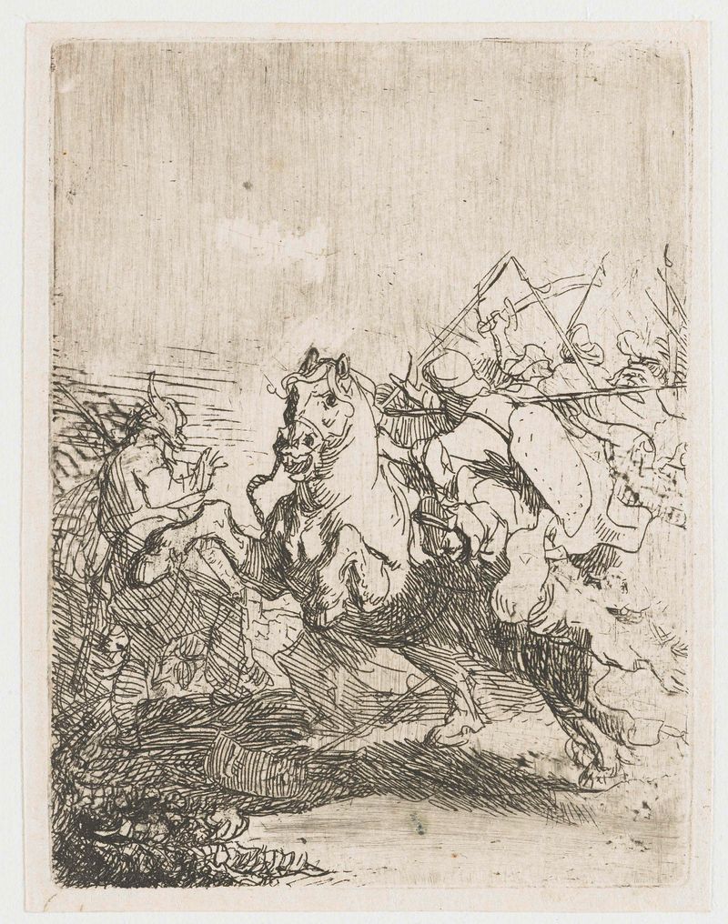Escena de lucha de caballería grabado de Rembrandt van Rijn