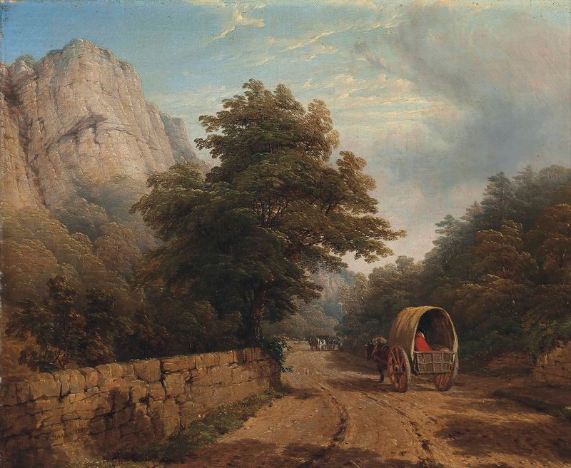 High Tor, Matlock, Derbyshire by Thomas Baker, oil on canvas depicting rugged cliffs and lush greenery