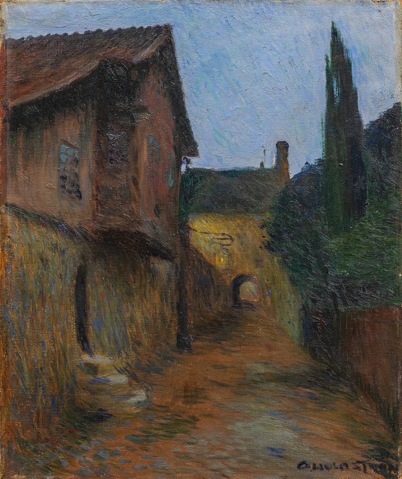 Paisagem de uma rua de paralelepípedos na primavera, óleo sobre tela de Otto Holmström
