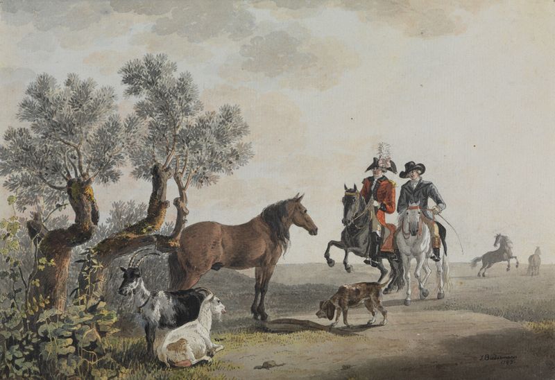 Paisaje con dos jinetes en un camino verde, pintura al óleo de Johann Jakob Biedermann
