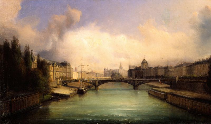 La Seine et l’Ile de la Cité, vues du pont Royal by François-Edme Ricois, oil painting depicting a river and cityscape