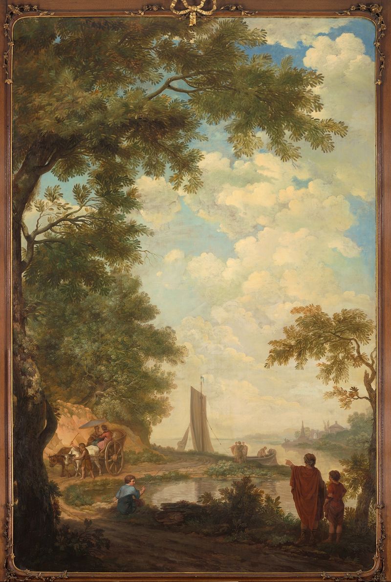 Landscape with figures by a riverbank, oil on canvas by Jurriaan Andriessen