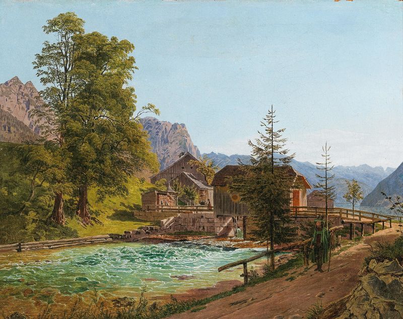 Wanderer in the Salzkammergut, pintura a óleo de Jakob Alt, retratando um lago tranquilo e montanhas sob um vasto céu.