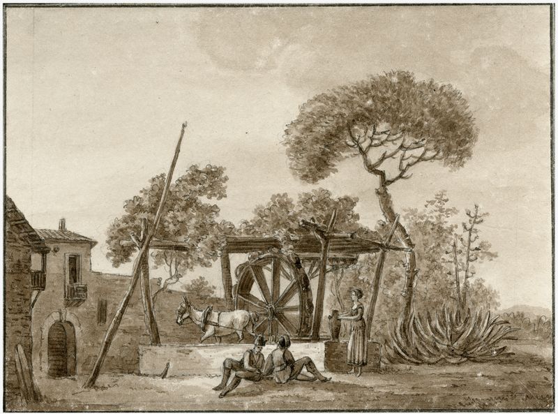 Landscape oil painting by Otto Howen depicting a water well with mechanical parts