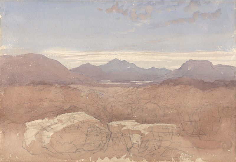 A Mountainous View, North Wales by David Cox, watercolor on paper depicting mountains and clouds.