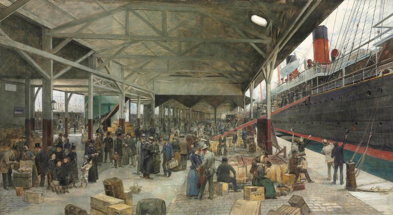L’embarquement De La Normandie Au Havre, óleo sobre tela de Théophile Poilpot representando uma cena movimentada no cais.