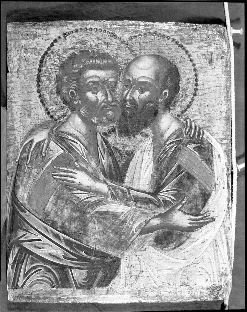 El Abrazo de San Pedro y San Pablo, temple sobre panel, artista no identificado