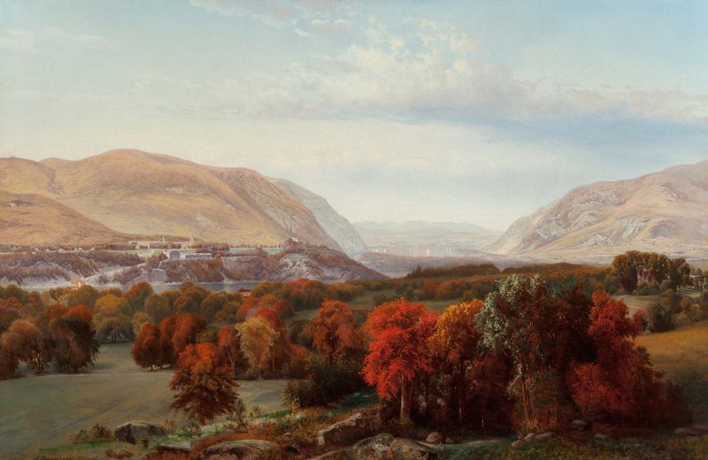 View of West Point de Alexander Lawrie, paisaje con río y colinas, pintura al óleo