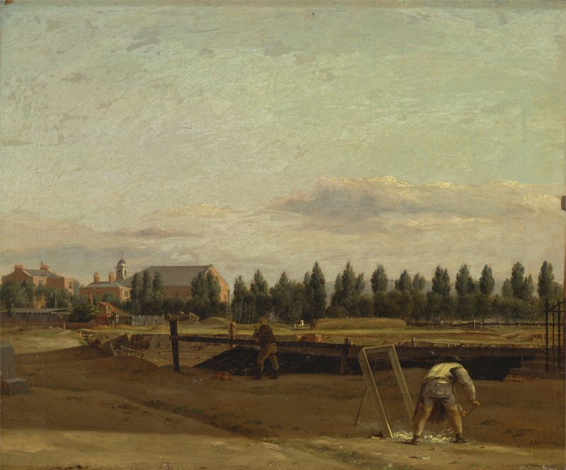 Excavating the Regent’s Canal de John Seguier, retratando uma paisagem de canal.