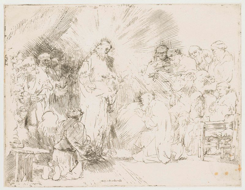 Cristo apareciendo a los apóstoles, óleo de Rembrandt van Rijn, con figuras en asombro y sombra.