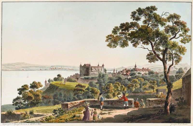 Paisagem representando água e pôr do sol de Niklaus Sprüngli, pintura a óleo