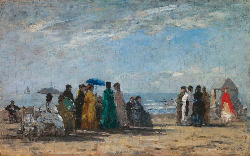 La Playa en Trouville de Eugène Boudin, óleo sobre lienzo que muestra figuras en una playa iluminada por el sol.