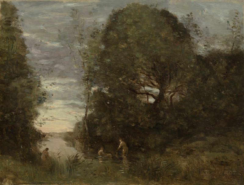 Escena figurativa de mujeres bañándose en un arroyo, pintura al óleo de Jean-Baptiste-Camille Corot