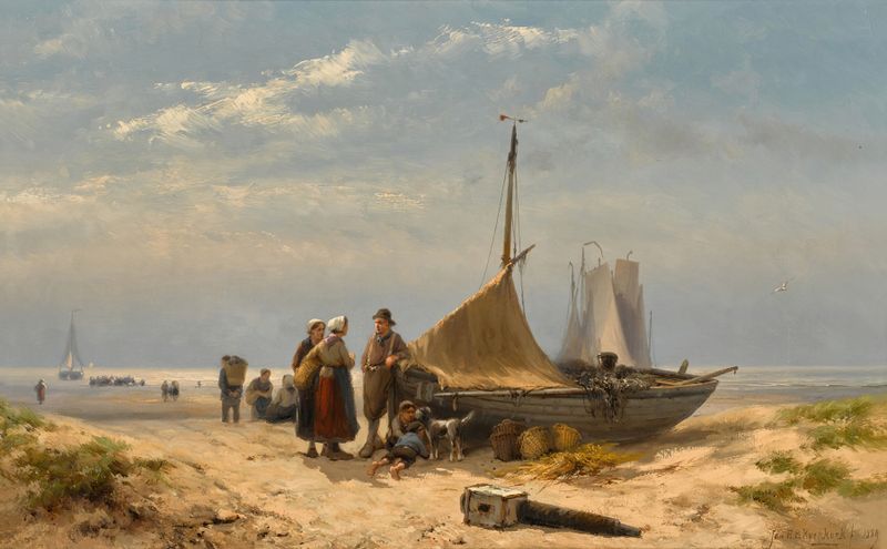 Oil painting by Johannes Hermanus Barend Koekkoek depicting a beach scene with waves and a retreating tide.