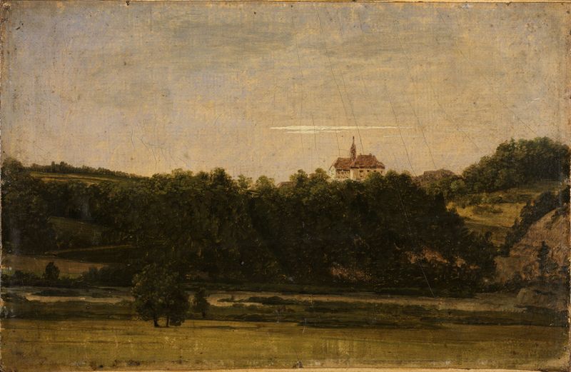 Landscape featuring an ethereal castle among trees, oil painting by Georg Wilhelm Issel.