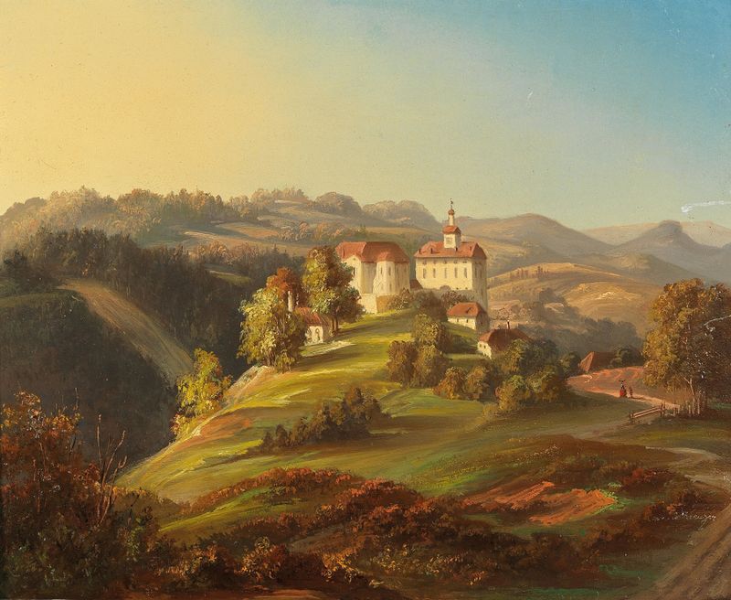 Castillo de Aichberg en un paisaje, pintura al óleo de Konrad Kreuzer