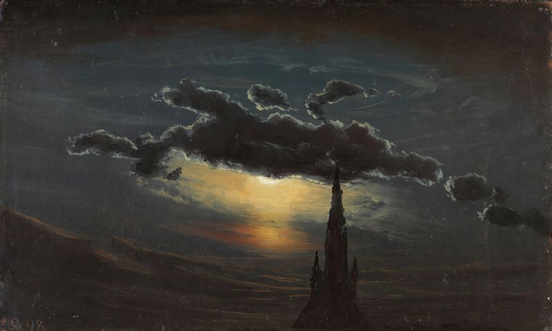 Estudo de Nuvens à Luz da Lua de Knud Baade, pintura a óleo que retrata nuvens iluminadas pela lua.