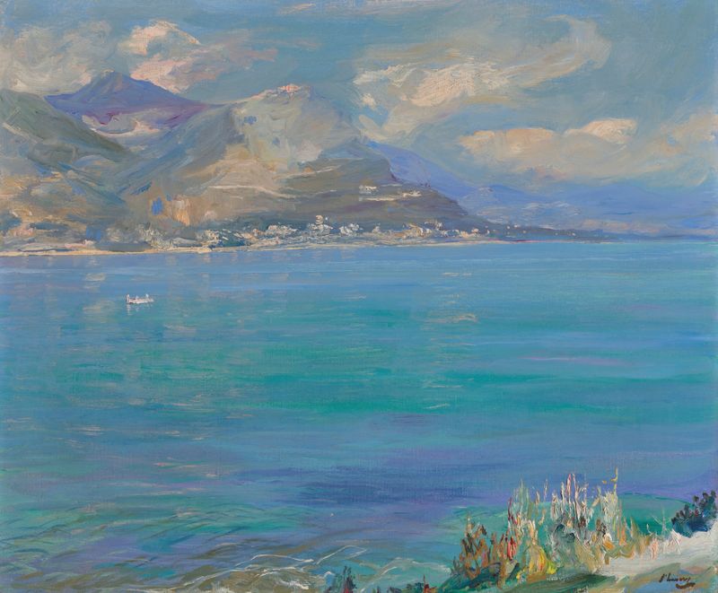 Cena de jardim paisagístico com folhagem e luz do sol de Sir John Lavery, óleo sobre tela
