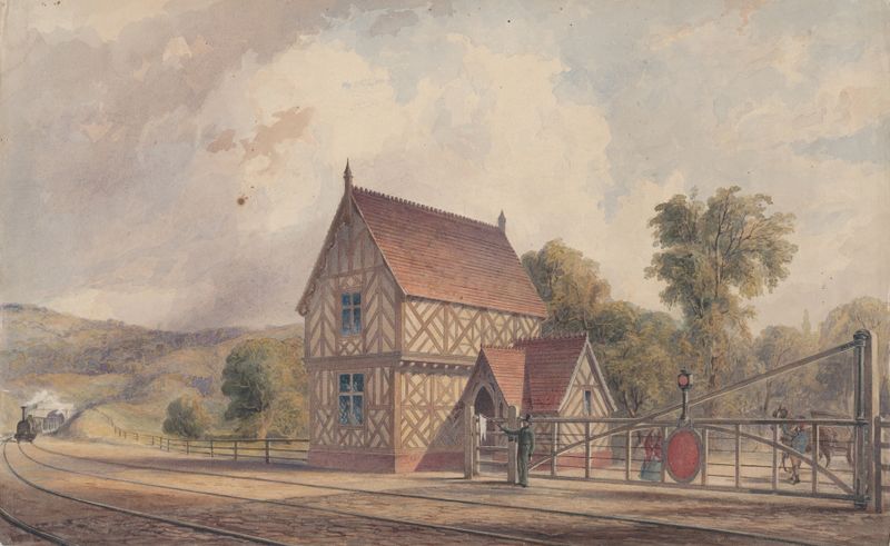 Estación de tren rural de estilo Tudor y cruce de ferrocarril de John Connell Ogle, medio victoriano