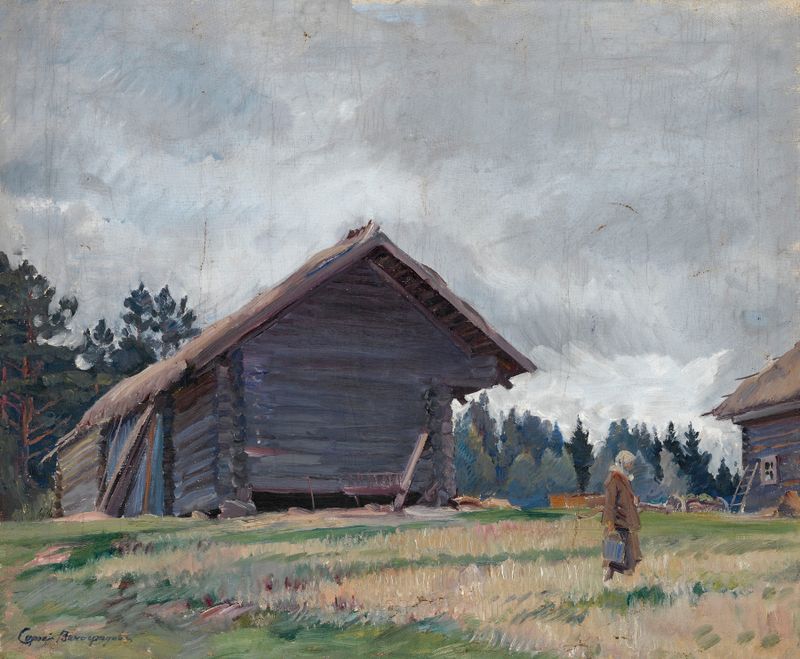 Homestead de Sergei Arsenevich Vinogradov, óleo sobre lienzo que representa un paisaje sereno con una casa de campo.