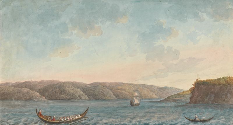 Two rowing boats and a sailboat near a steep cliff, hilly landscape, by Willey Reveley, oil painting