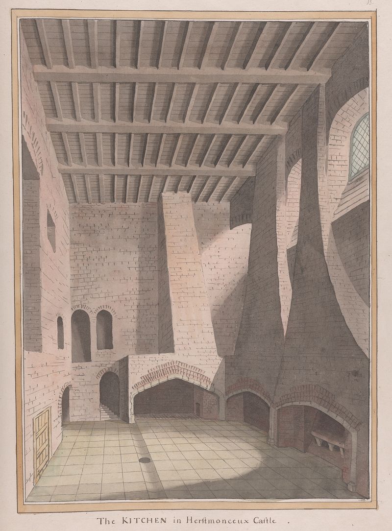 Interior scene of Herstmonceux Castle's kitchen by James Lambert, oil painting