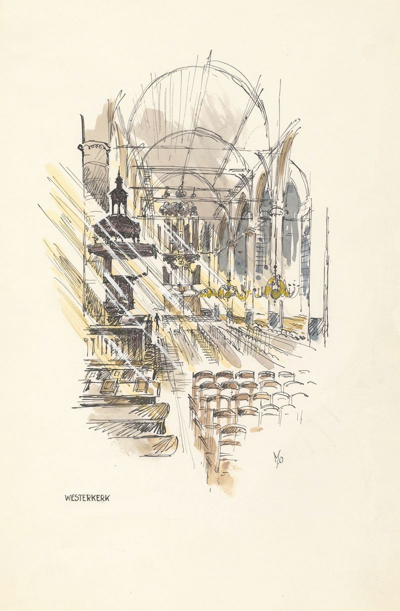 Westerkerk de Maarten Oortwijn, modernismo, igreja de vitrais brilhando à noite