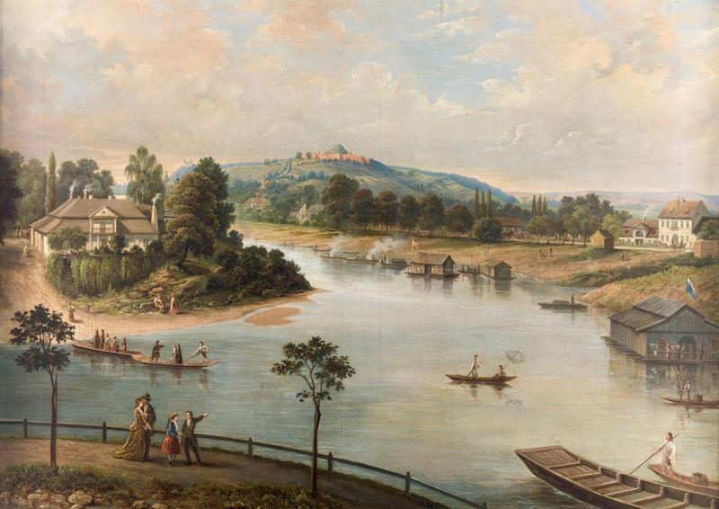 Vista de Cracovia, óleo sobre lienzo de Saturnin Świerzyński, que representa un paisaje urbano tranquilo con un río.