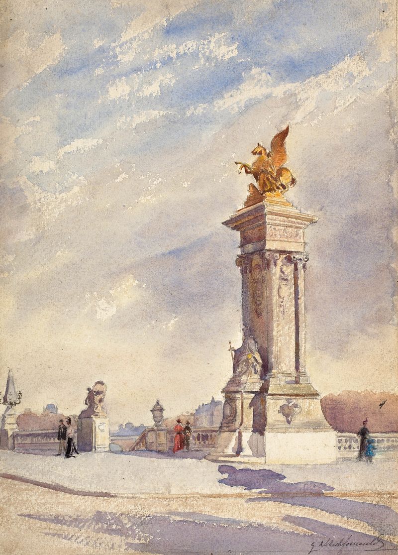 Le pont Alexandre III by Guy De La Rochefoucauld, impressionism, depicting a bridge with reflections in water