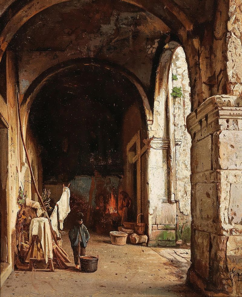Bajo los Arcos, óleo sobre lienzo de Enrico Gaeta, que representa arcos arquitectónicos con luz y sombra.