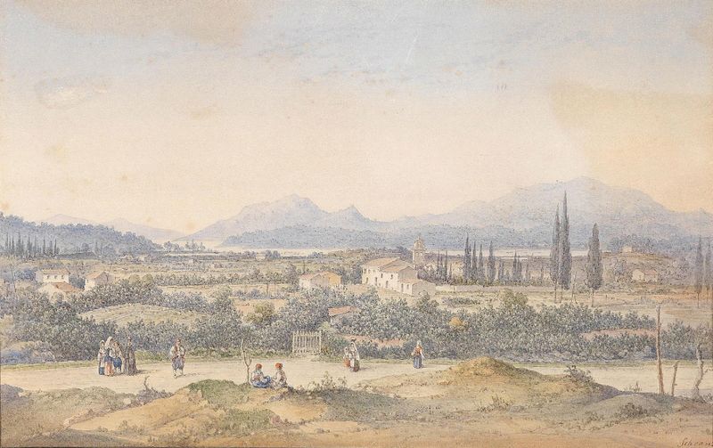 Landschaft In Malta de Anton Schranz, pintura a óleo que retrata uma paisagem turbulenta com penhascos e céus tempestuosos.