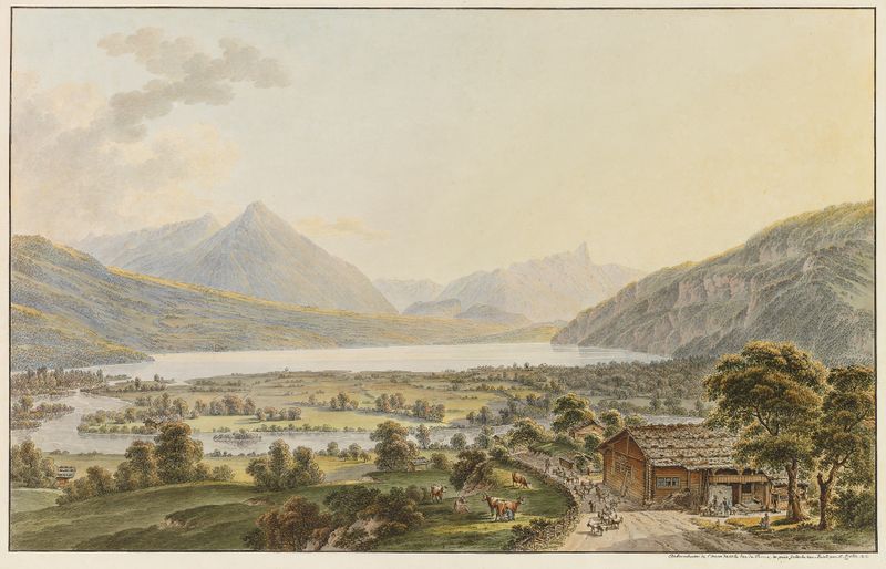 Oil painting by Heinrich Rieter depicting a river meeting a lake