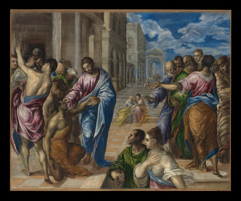 Christ Healing the Blind, oil on canvas by El Greco, depicting Christ surrounded by a crowd in divine light.