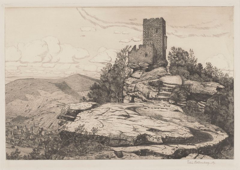 Ruinas del Castillo de Trifels de Felix Hollenberg, óleo sobre lienzo, representando un paisaje crepuscular.