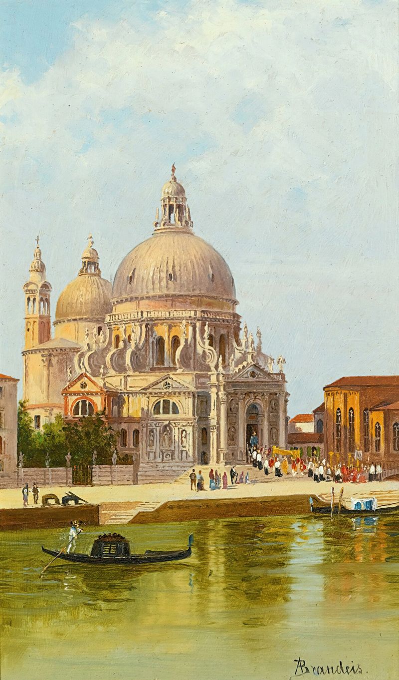 San Marco Della Salute, óleo sobre lienzo de Antonietta Brandeis, que representa un paisaje veneciano con una basílica.