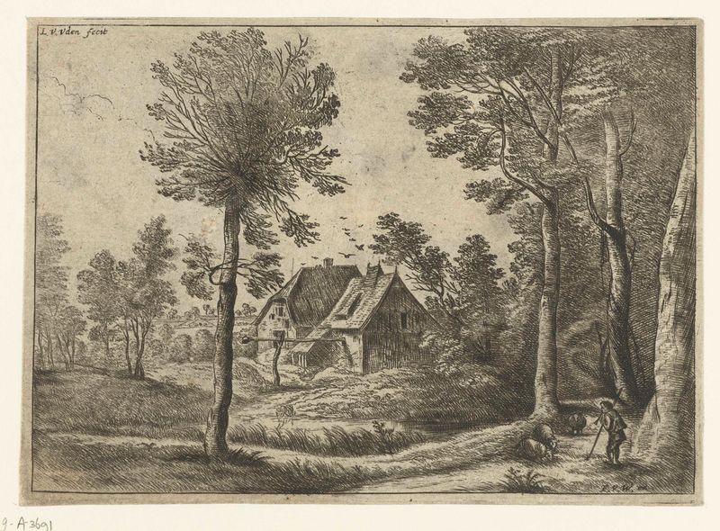 Pastoral landscape with a shepherd playing a shawm, etching by Lucas van Uden