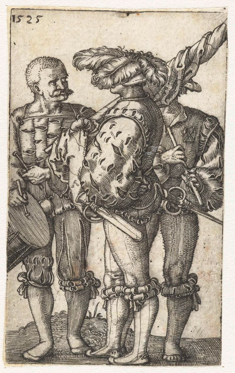 Gravura de Barthel Beham mostrando um tamborilheiro em uniforme ornamentado