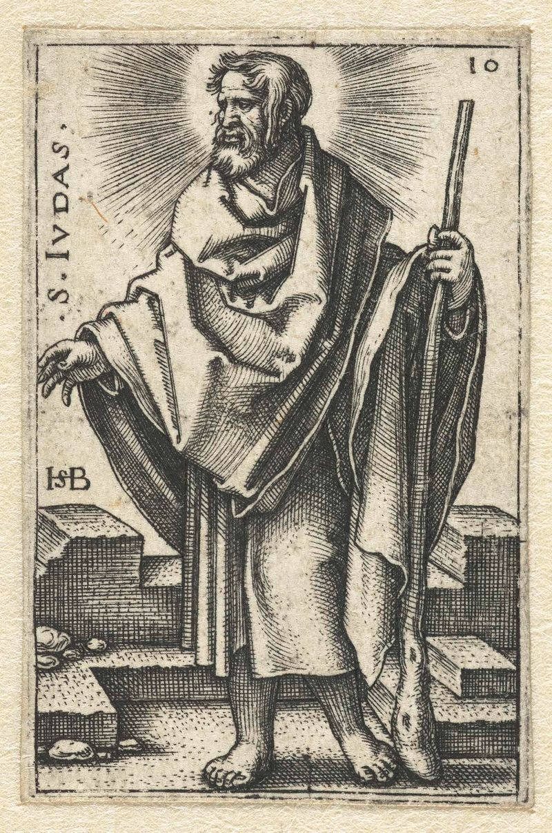 Grabado de Judas Taddeüs de Hans Sebald Beham, con una figura en una túnica verde.