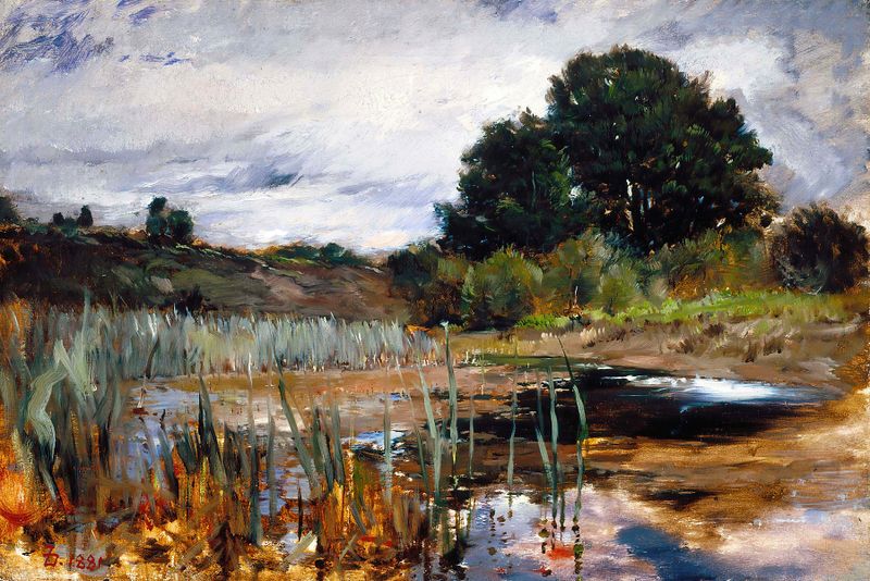 Polling Landscape by Frank Duveneck, oil painting depicting rolling hills and vibrant trees.