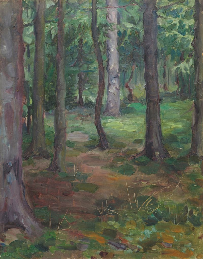 Floresta de Maria Yakunchikova, pintura a óleo que retrata uma paisagem serena com luz filtrando através das árvores.