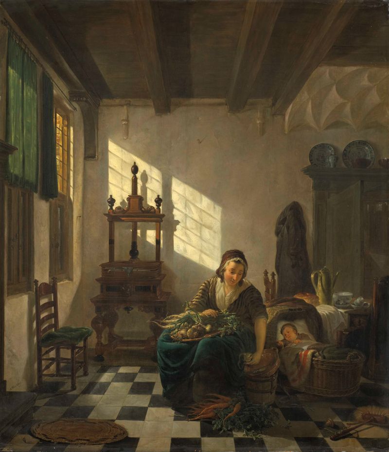 Cena de gênero de uma dona de casa em um ambiente doméstico, óleo sobre painel de Abraham van Strij