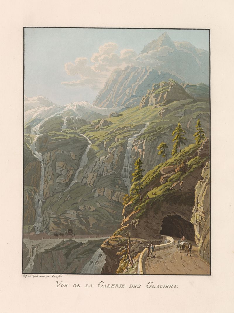 Vue de la Galerie des Glaciers by Gabriel Lory the Younger, oil painting depicting icy peaks and vast landscape.