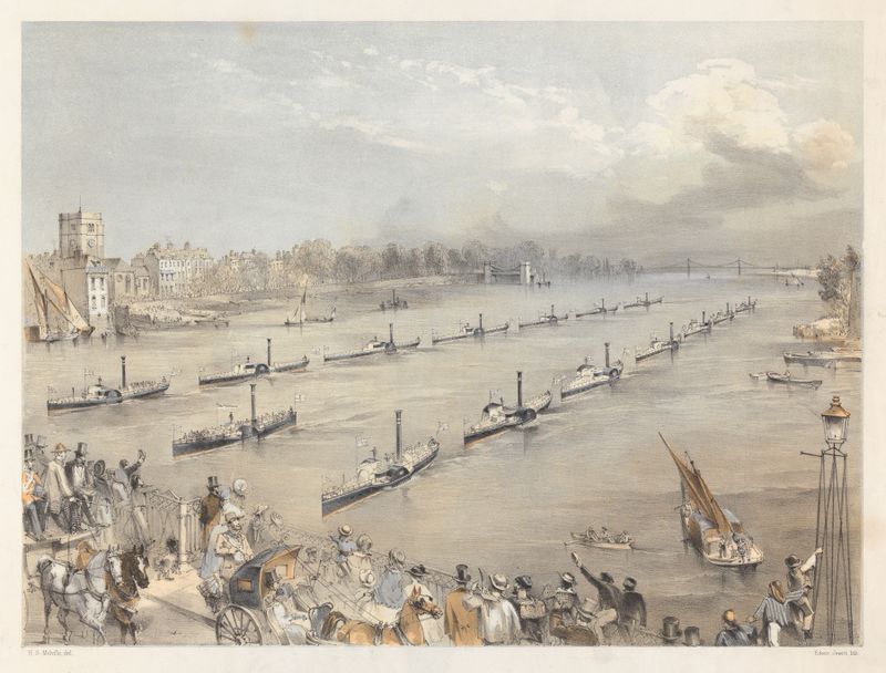 Frota de barcos no rio com um horizonte distante, de Harden Sidney Melville, 1850