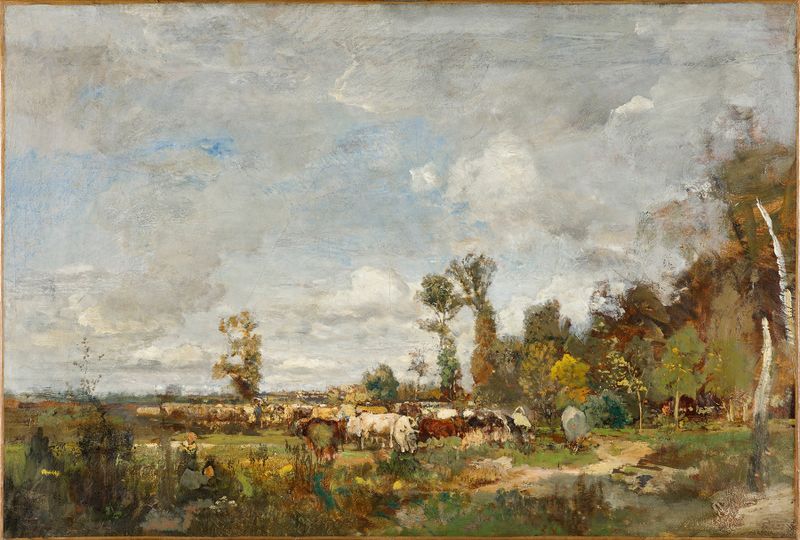 Paisaje pastoral con ganado, óleo sobre lienzo de Emil Jakob Schindler