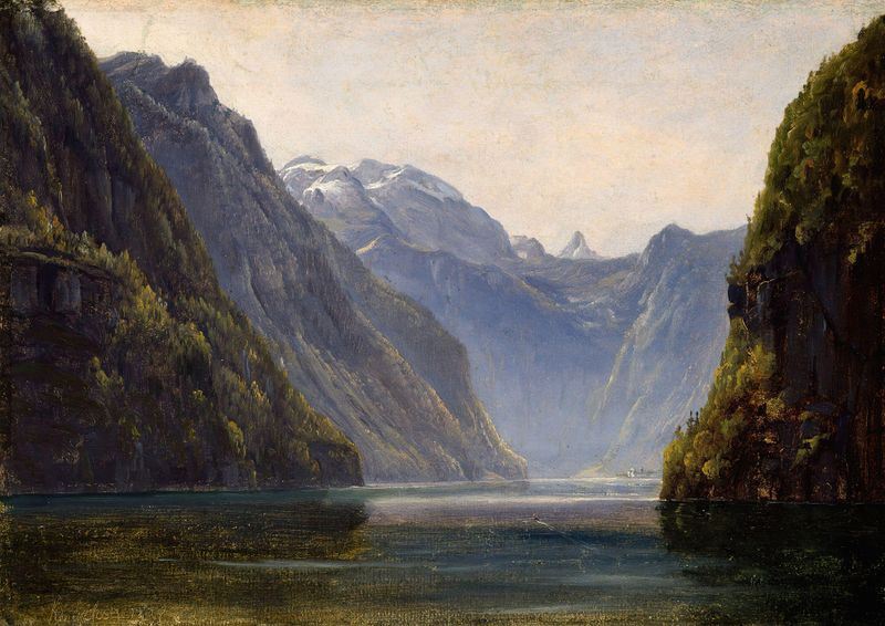 From Königssee by Thomas Fearnley, oil painting depicting serene waters and mountains.