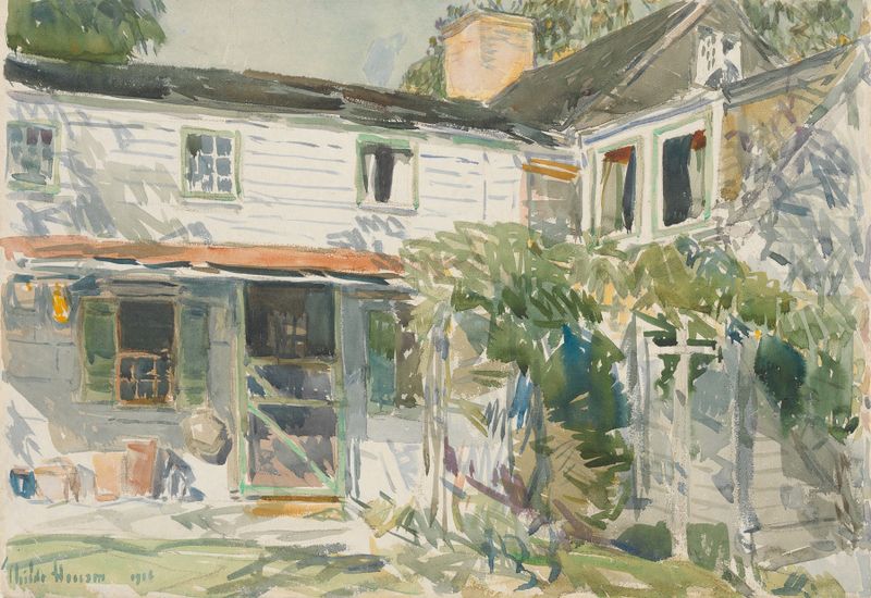 Back of the Old House de Childe Hassam, óleo sobre tela mostrando luz quente filtrando através das árvores.