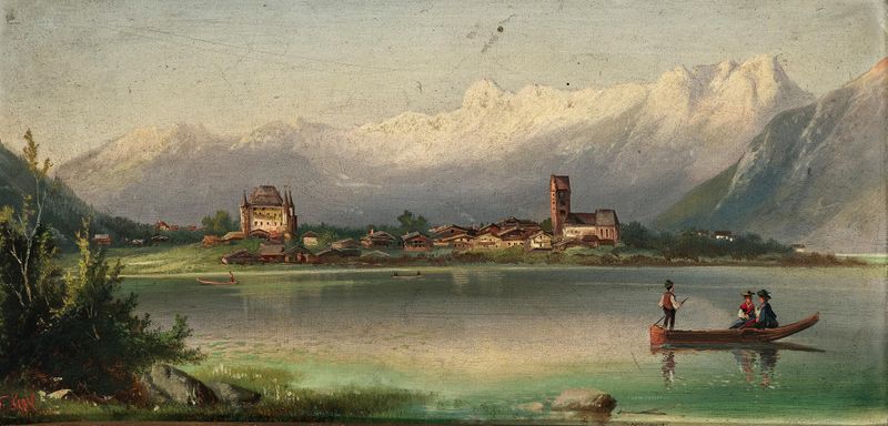 A landscape oil painting by Ferdinand Lepie depicting Zell am See and Rosenberg Castle.