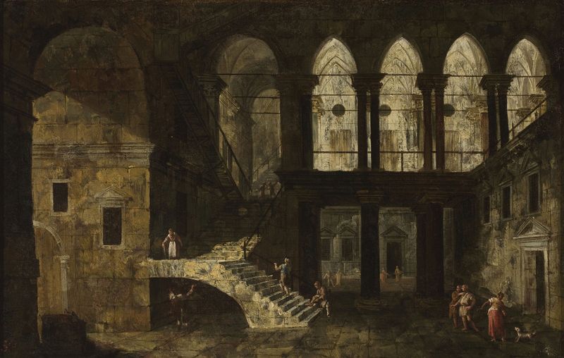 Architectural Fantasy Featuring a Palace Courtyard by Michele Marieschi, oil painting